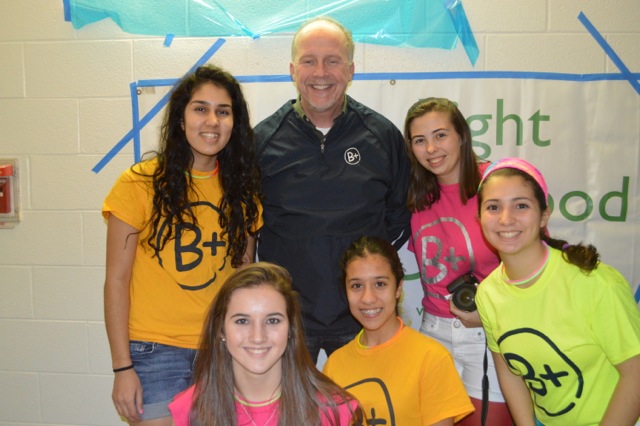 Joe McDonough, founder of the B+ Foundation, with Friends students Meera Kohli ’15, Julia Blumberg ’15, Sarah Brennan-Martin ’15, Sujeylee Alvarez ’16, and Elena Veale ’14.