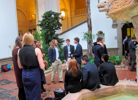 Students congregate at the OAS building in Washington, D.C. before opening ceremonies on Wednesday, December 2, 2015. 