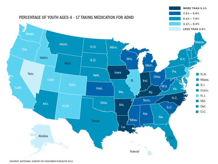 Map showing the percentage of youth ages 4-17  taking medication for ADHD as of 2011.