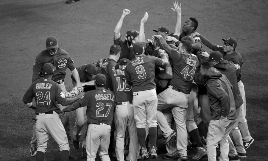 The Chicago Cubs celebrating after their victory
