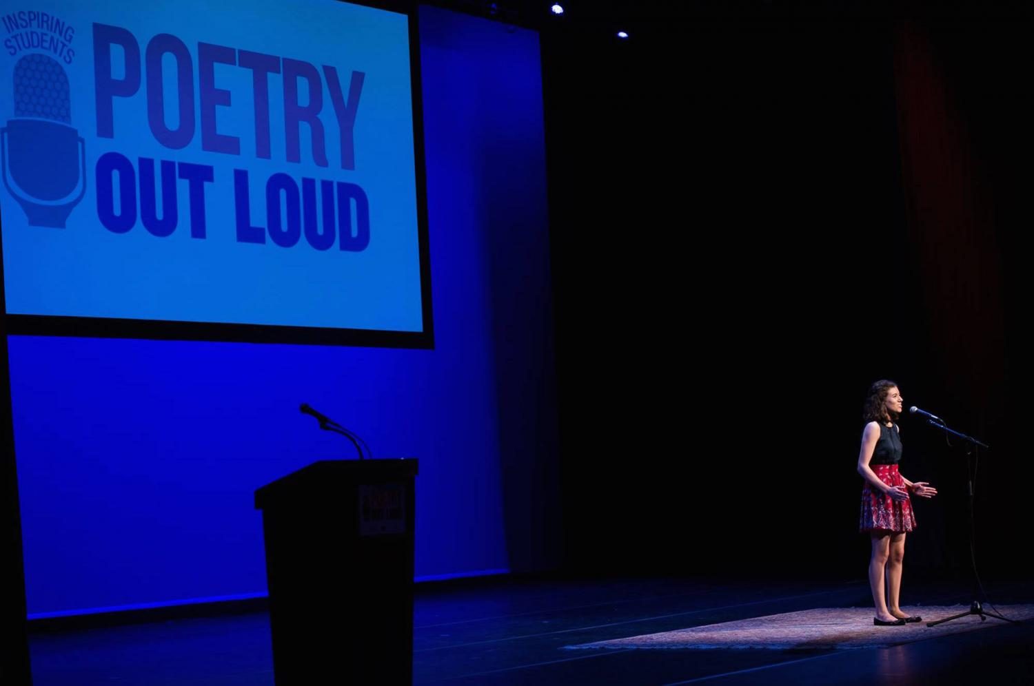 Cecilia Ergueta on stage during the Poetry Out Loud competition